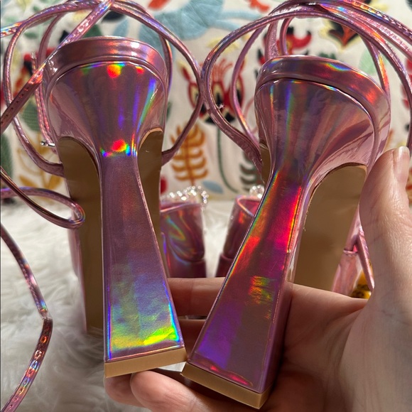 Dolls Kill • Iridescent Pink Lace Up Pyramid Heels - Picture 15 of 16